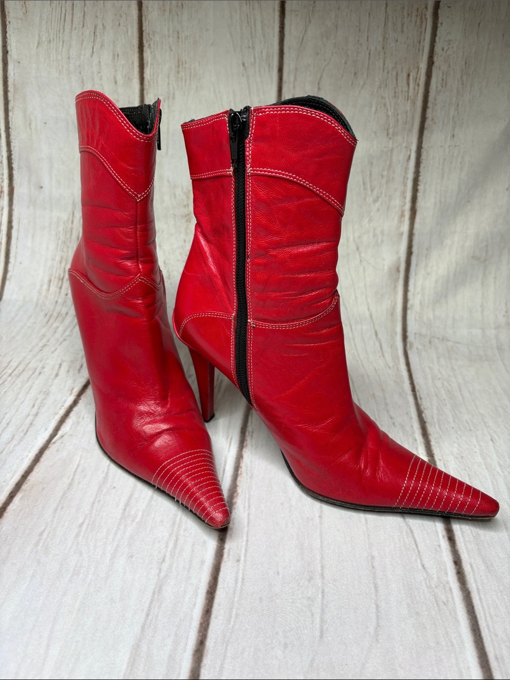 Vintage Mare Red Leather Stiletto Ankle Boots Size 36